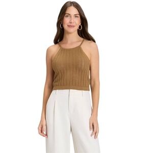 A‎ New Day Women's Camel Brown Knit Halter Neck Pointelle Crop Top Size M